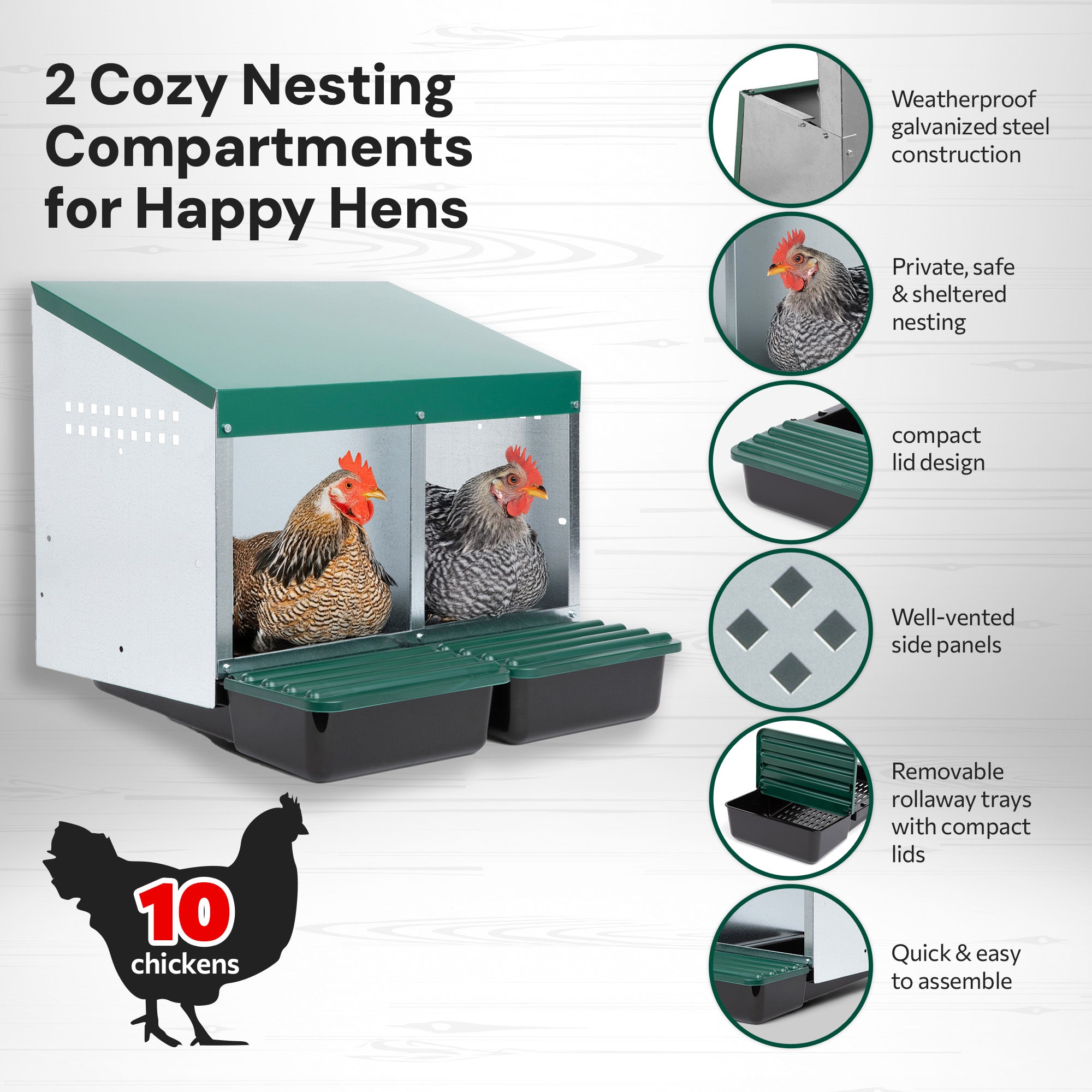 2 Compartment Roll Out Chicken Nesting Box with Compact Trays/Lids