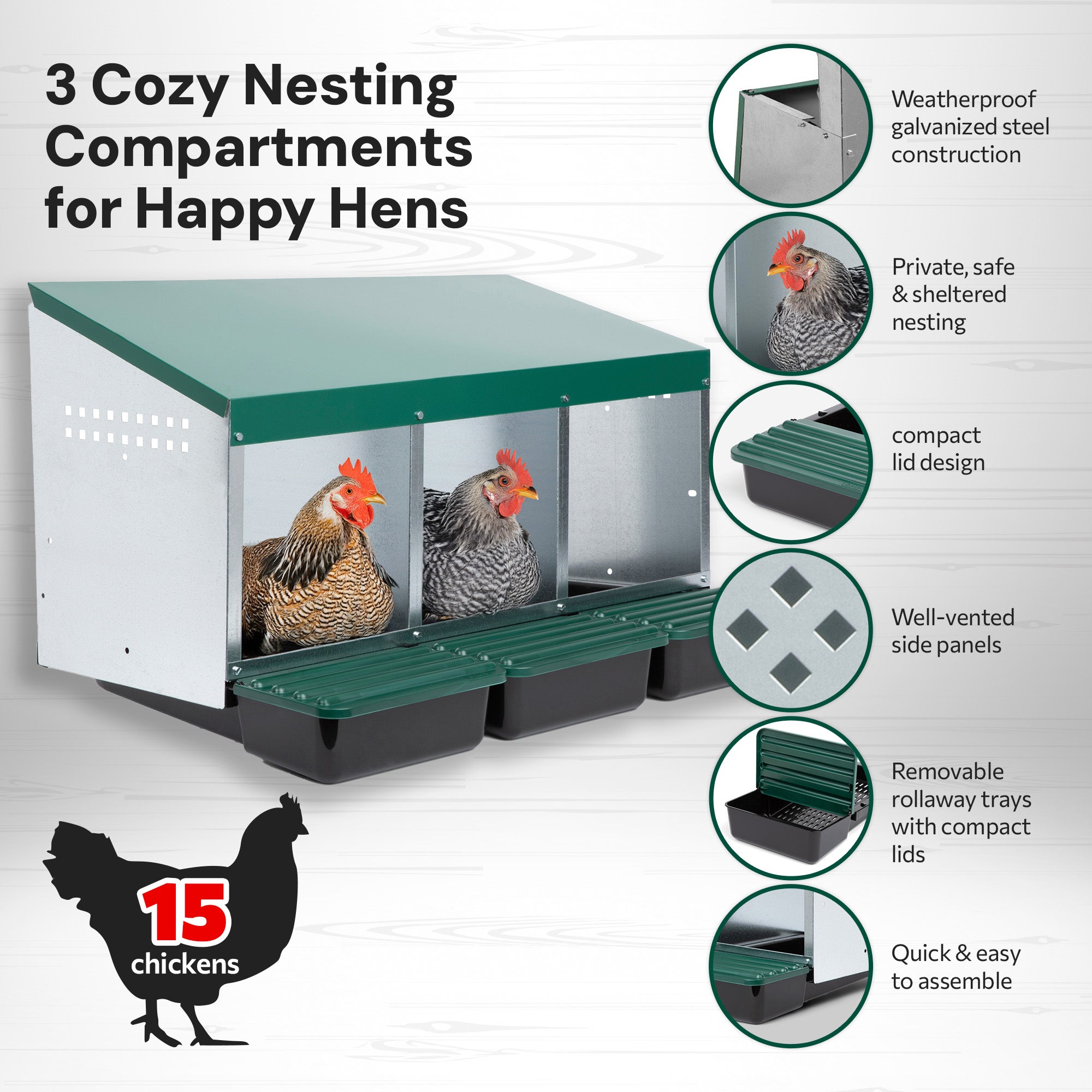 3 Compartment Roll Out Chicken Nesting Box with Compact Trays/Lids