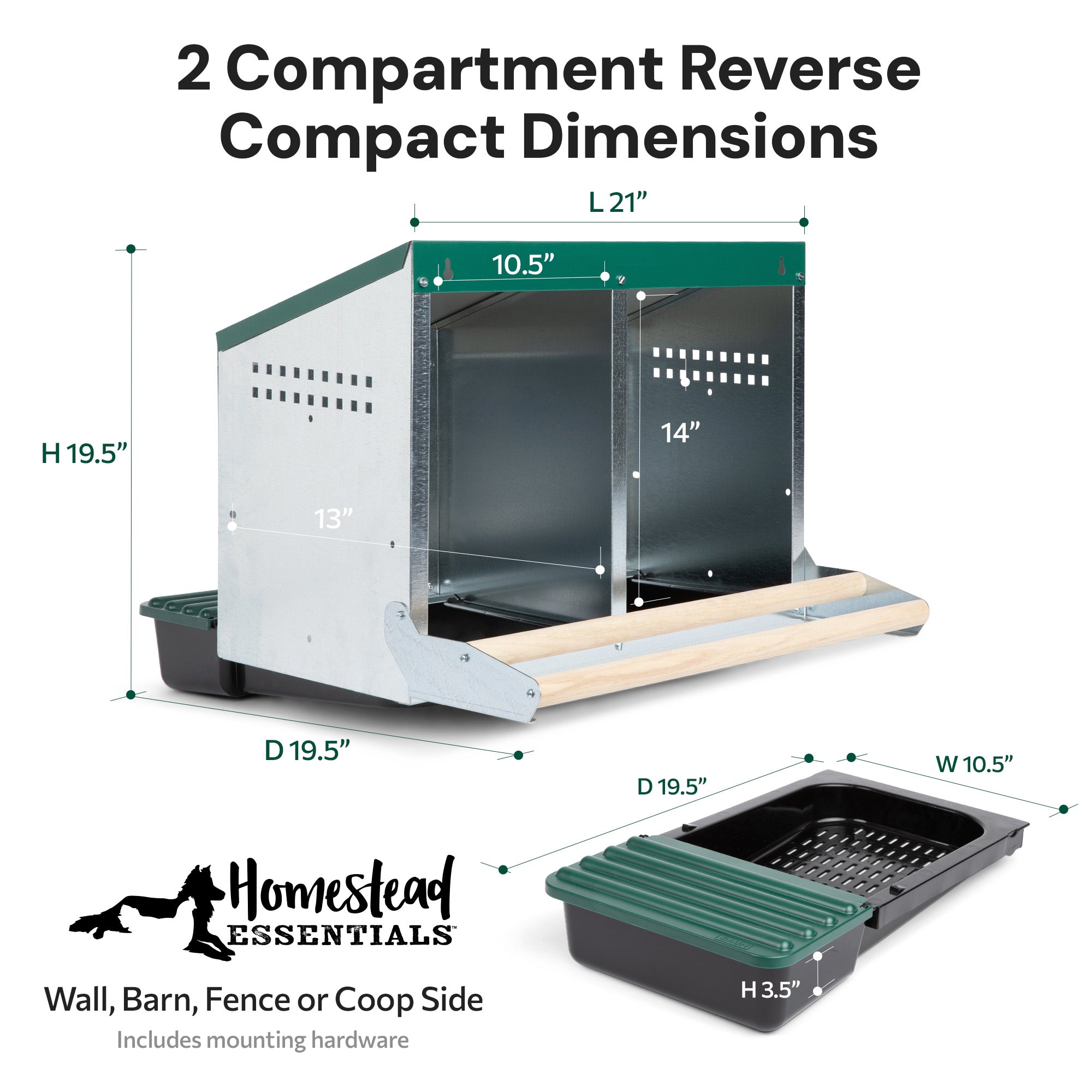 2 Compartment Reverse Roll Out Chicken Nesting Box with Compact Trays/Lids & Wood Perches