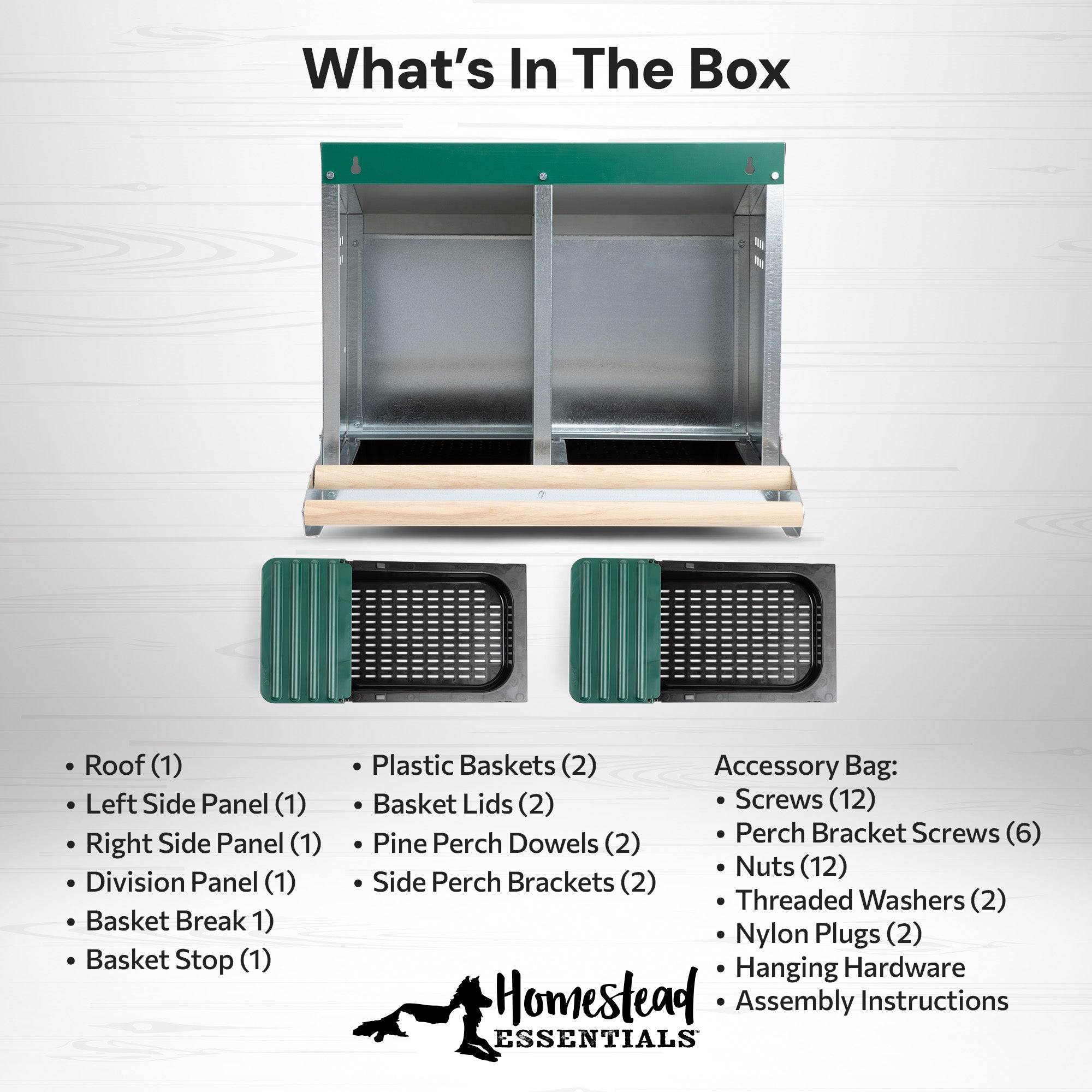 2 Compartment Reverse Roll Out Chicken Nesting Box with Compact Trays/Lids & Wood Perches