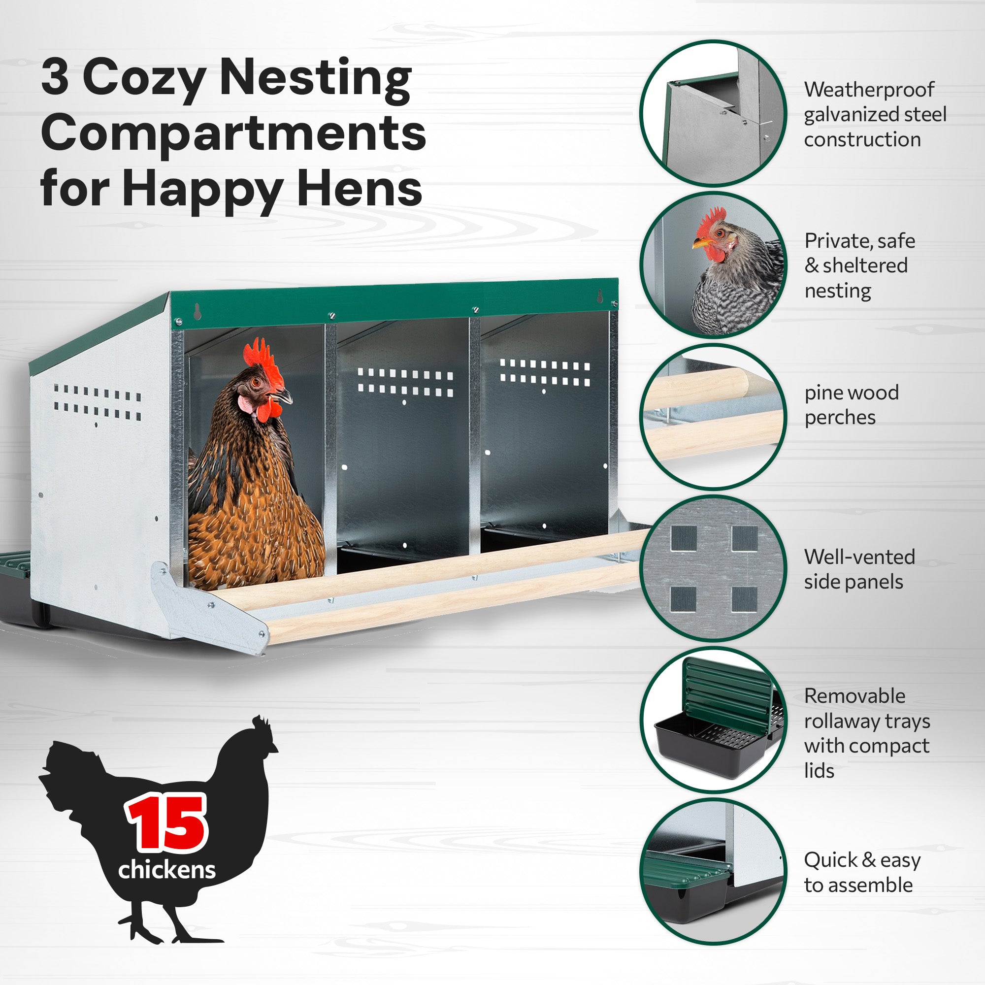 3 Compartment Reverse Roll Out Chicken Nesting Box with Compact Trays/Lids & Wood Perches