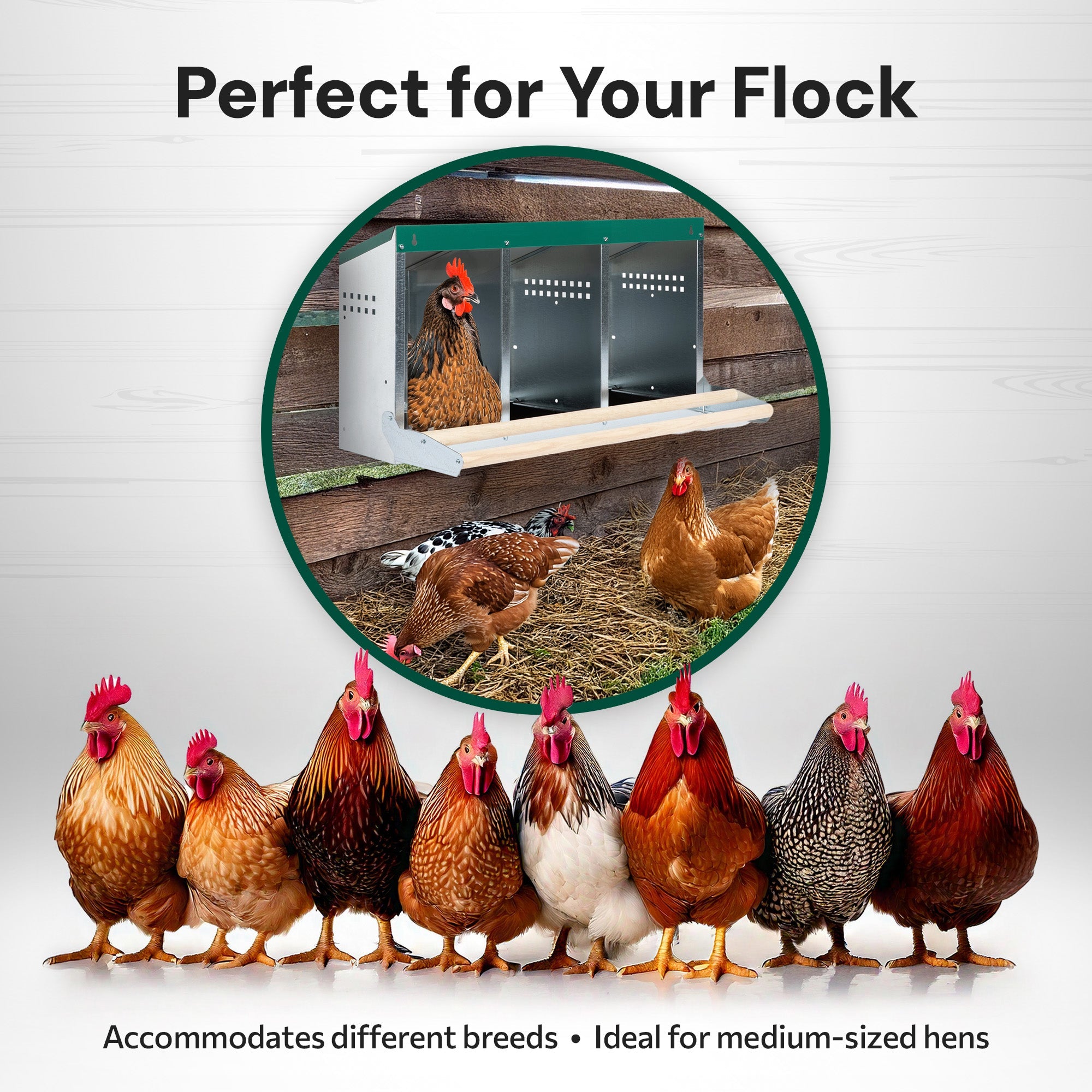 3 Compartment Reverse Roll Out Chicken Nesting Box with Compact Trays/Lids & Wood Perches