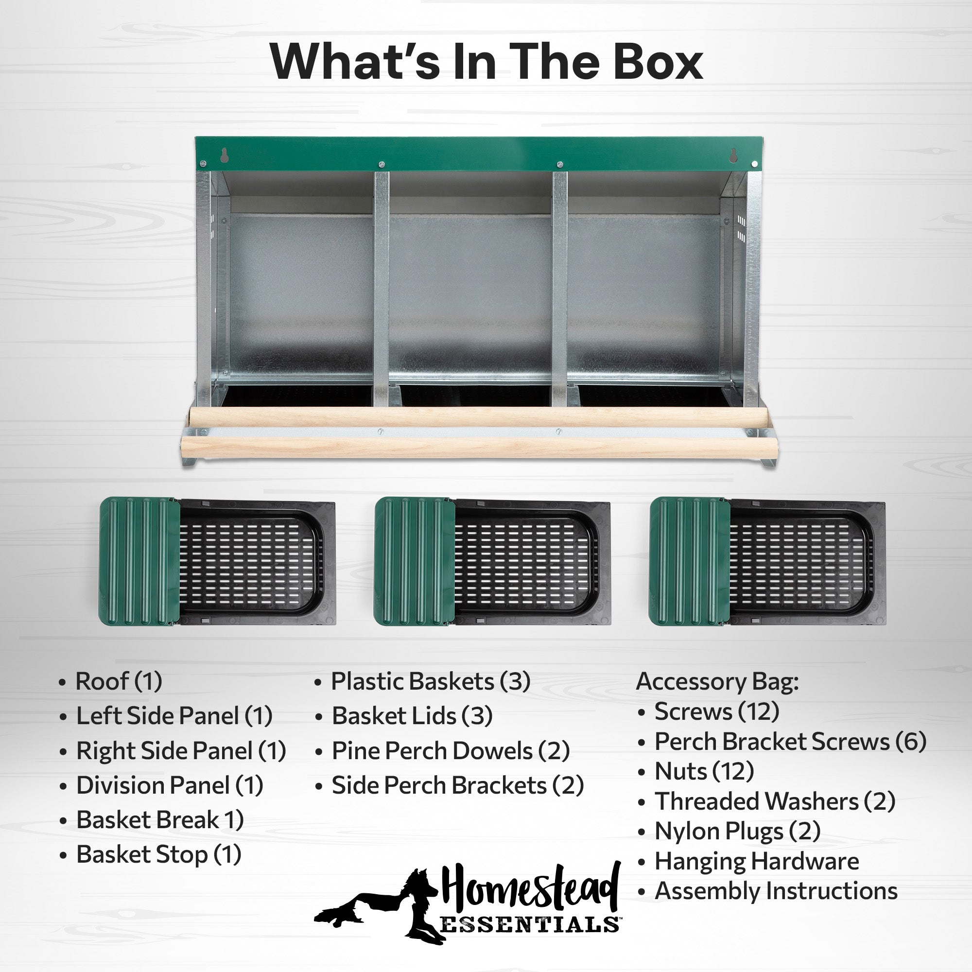 3 Compartment Reverse Roll Out Chicken Nesting Box with Compact Trays/Lids & Wood Perches