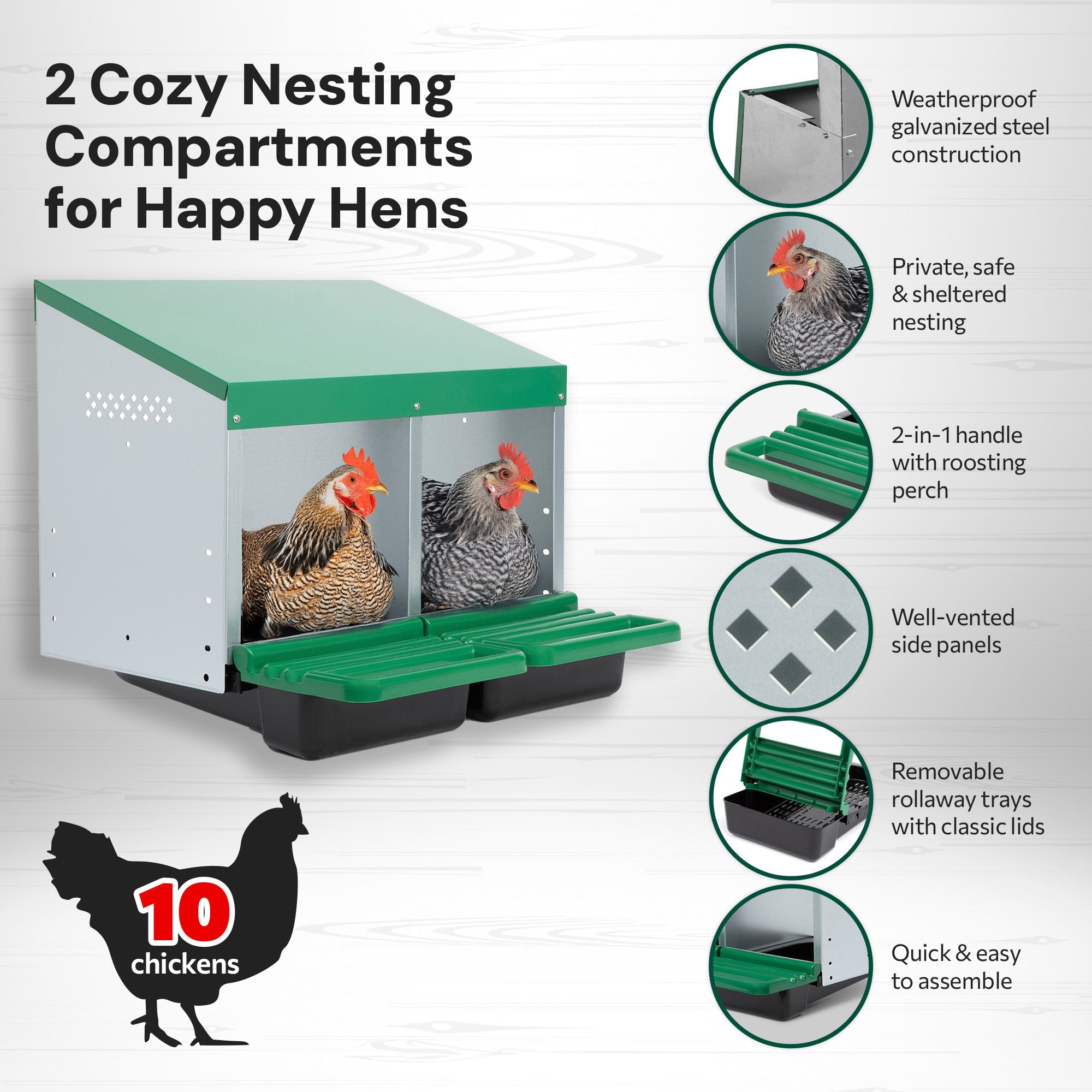 2 Compartment Roll Out Chicken Nesting Box with Classic Trays/Lids