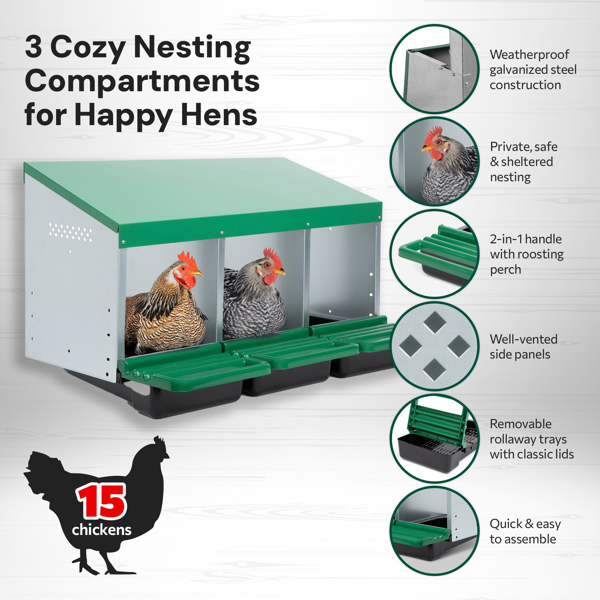 3 Compartment Roll Out Chicken Nesting Box with Classic Trays/Lids